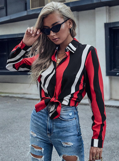 Retro Lapel Long Sleeve Contrast Striped Shirt