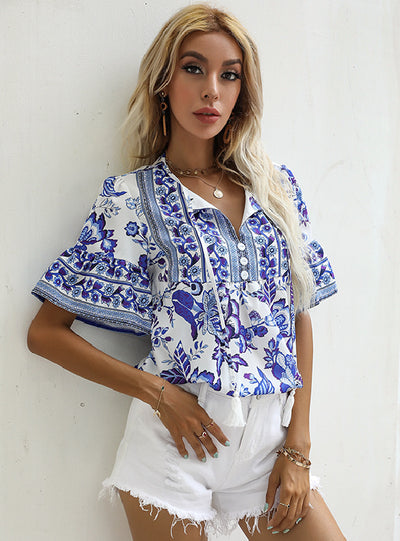 Short-sleeved Printed Bohemian Shirt