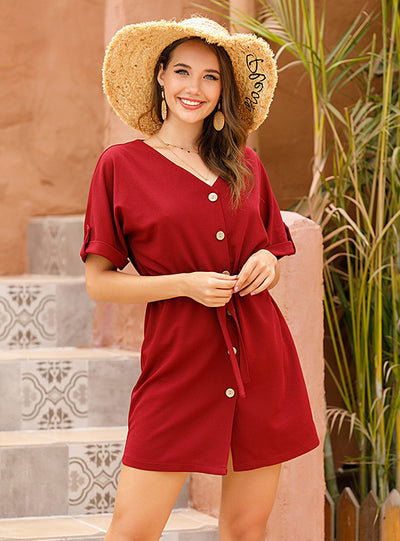 V-neck Short Sleeve Shirt Dress