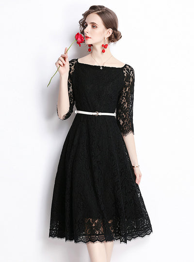 Women Lace Cropped Sleeve Slim Dress