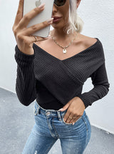 Slim Solid Color V-neck Long Sleeve T-shirt