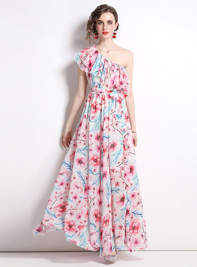 Holiday One-shoulder Flounce Print Dress