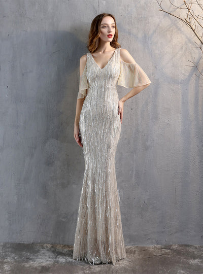 Fringed Sequined Fishtail Evening Dress