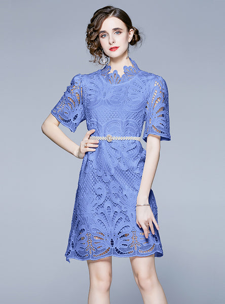 Lace Round Neck Hollow Short Sleeve Dress