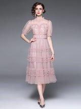 Spliced Mesh Waist Slim Cake Dress