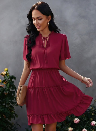 V-neck Silm Waist Ruffled Dress