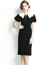 Retro Lantern Sleeve Slim Short Sleeve Black Dress