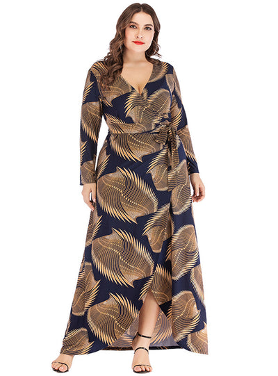 V-neck Long Sleeve Striped Printed Irregular Hem Dress