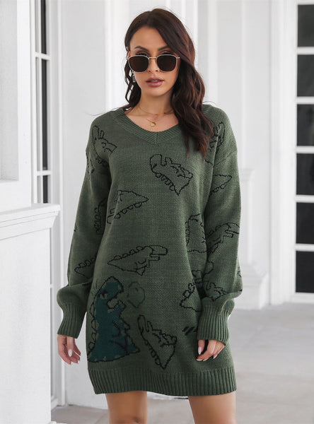 Dinosaur Jacquard V-neck Long Sleeve Sweater Dress