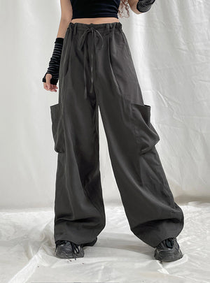 Straight Overalls Elastic Drawstring Big Pocket Pant