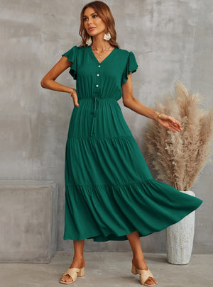 Lotus Leaf Sleeve V-neck Big Swing Dress