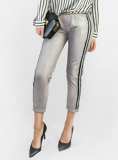 Elegant Side Stripe Black Pants Elastic Waist Ladies