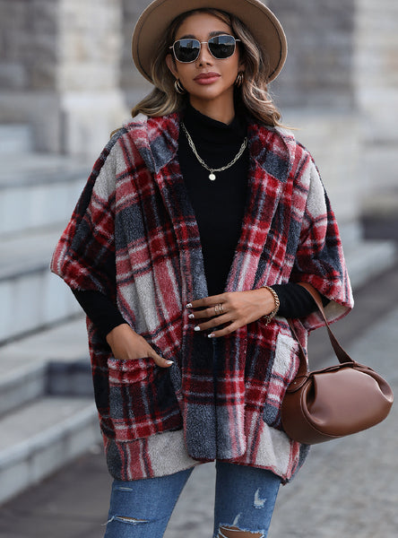 Women Plush Plaid Buttonless Coat