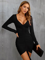 Sexy V-neck Drawstring Long Sleeve Dress