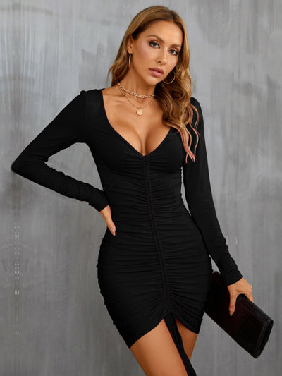 Sexy V-neck Drawstring Long Sleeve Dress