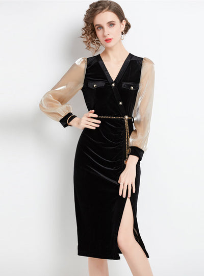 V-neck Split Black Velvet Dress