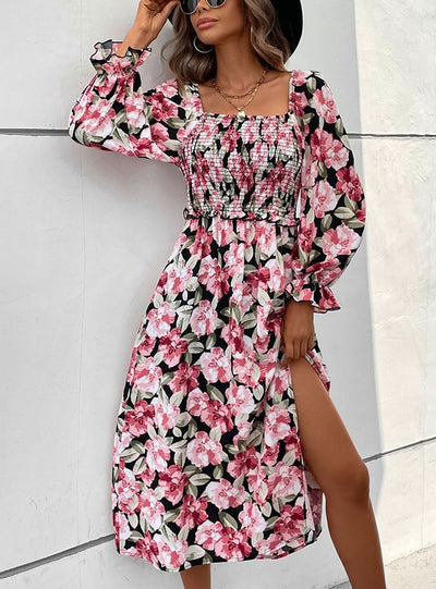 Flower Long Sleeve Print Split Dress