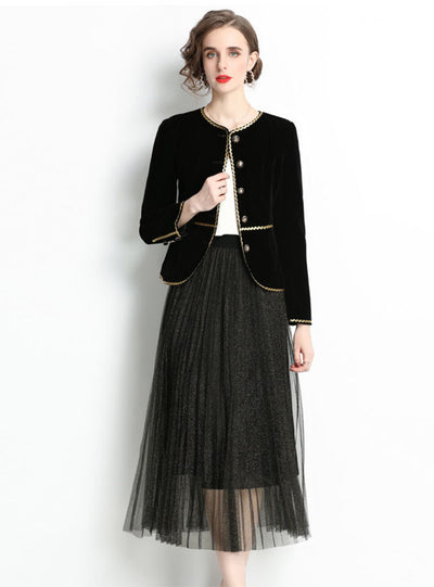 Retro Velvet Coat Gauze Skirt Two-piece Suit