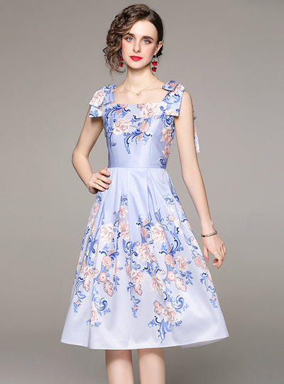 Bow Tie Strap Print Blue Dress