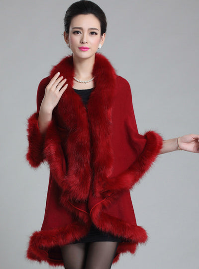 Knitted Double Cardigan Faux Fox Fur Shawl Cape