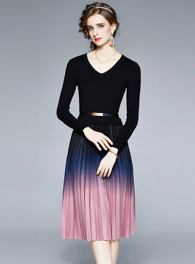 Slim Waist Gradient Pleated Long Sleeve Prom Dress