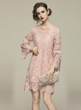 Women Lace Flared Sleeves Loose Dress