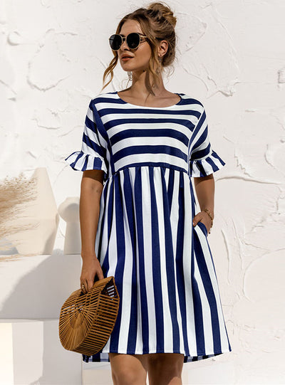 Cute Loose Striped Print Ruffles Sleeves Dresses