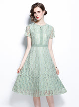 Green Round Neck Short Sleeve Openwork Lace Dress