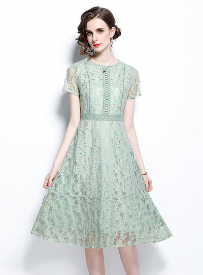 Green Round Neck Short Sleeve Openwork Lace Dress