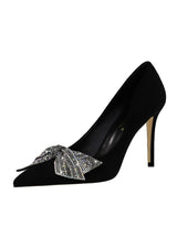 Suede Shallow Pointed Rhinestone Bow Shoes