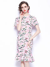 Round Neck Ruffled Short Sleeve Printed Dress