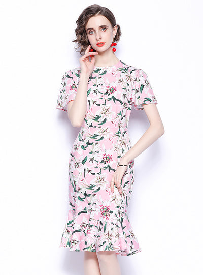 Round Neck Ruffled Short Sleeve Printed Dress