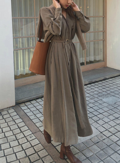 Elegant Long Sleeve Belted Women Dress