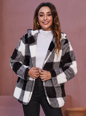 Hooded Pocket Casual Plaid Plush Coat