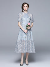 Retro Blue Lace Embroidered Bow Dress