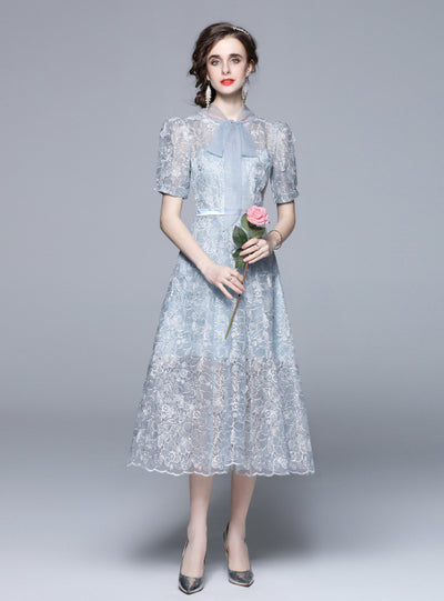 Retro Blue Lace Embroidered Bow Dress