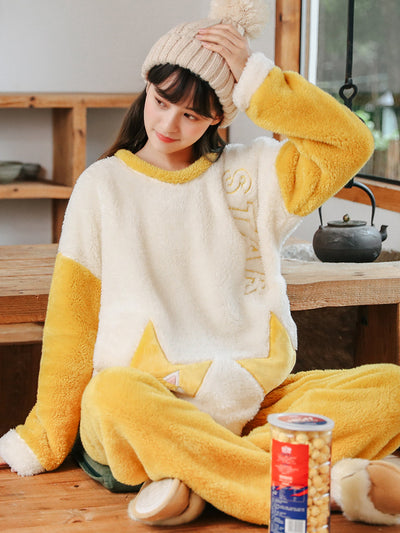 Yellow Star Cat Coral Velvet Pajamas Women Add Velvet