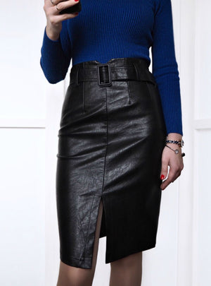 Elegant Pencil Midi Skirts High Waist Black PU Leather