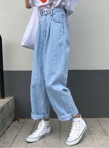 Women Solid Vintage High Waist Wide Leg Denim Trousers