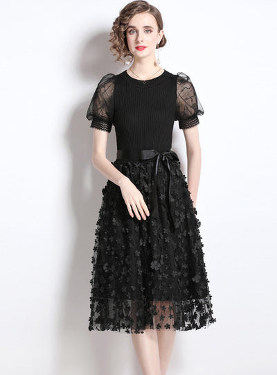 Black Gauze Bubble Sleeve Dress