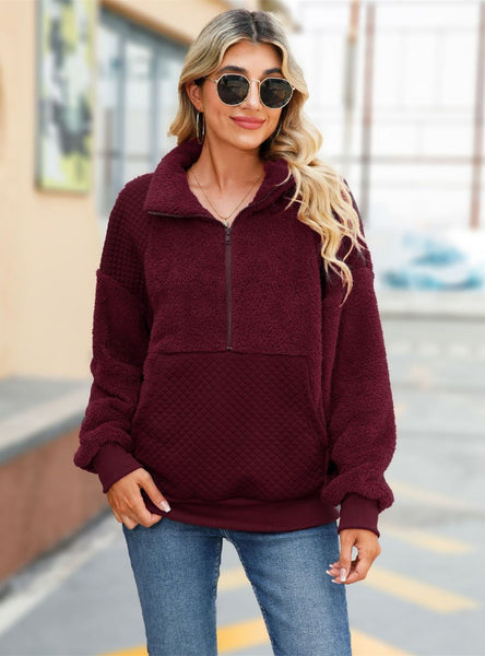 Long-sleeved Pullover Zipper Plush Stitching Top