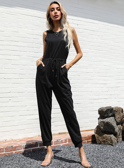 Black Sleeveless Vest One-piece Pants