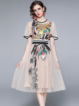 Short Sleeve Gauze Embroidered Flower Dress