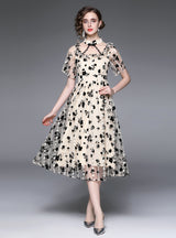 Retro Floral Waist Slim Gauze Dress