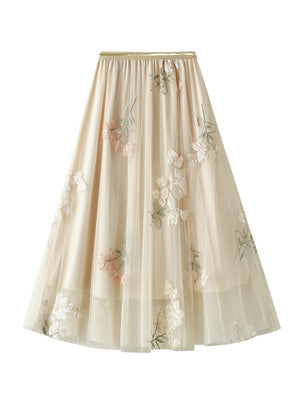 Double-layer Mesh Embroidery Medium-length Skirt