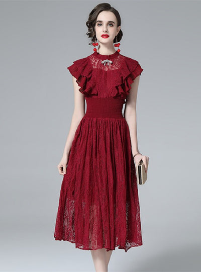 Women Thin Flounces Lace Dress