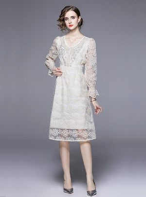 V-neck Bubble Sleeve Heavy Beaded Flower Long Dress