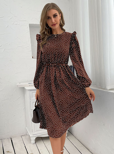 Round Neck Long Sleeve Polka Dot Dress