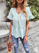 Short-sleeved Plaid Ruffled Blouse