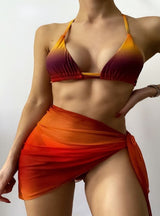 Waist-tied Mesh Gradient Three-piece Swimsuit